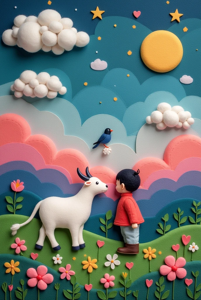Wool felt style,Surreal Space,Abstract,Ancient Chinese Mythology,Hanfu,And together,A calf stands in front of a boy'Foot,Fluffy Love Heart,Fluffy Clouds,star,beautiful moon,A magpie builds a small bridge,Grass,Flowers,In a dream,How to create a lively and fun setting,green, purple and pink tones,bright,art
