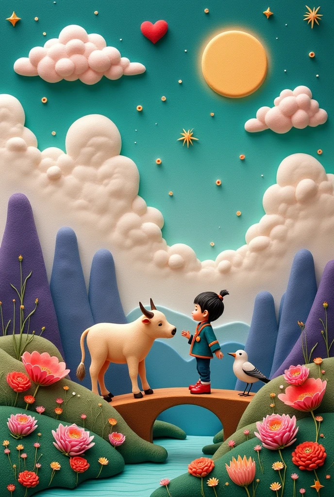 Wool felt style,Surreal Space,Abstract,Ancient Chinese Mythology,Hanfu,And together,A calf stands in front of a boy'Foot,Fluffy Love Heart,Fluffy Clouds,star,beautiful moon,A magpie builds a small bridge,Grass,Flowers,In a dream,How to create a lively and fun setting,green, purple and pink tones,bright,art
