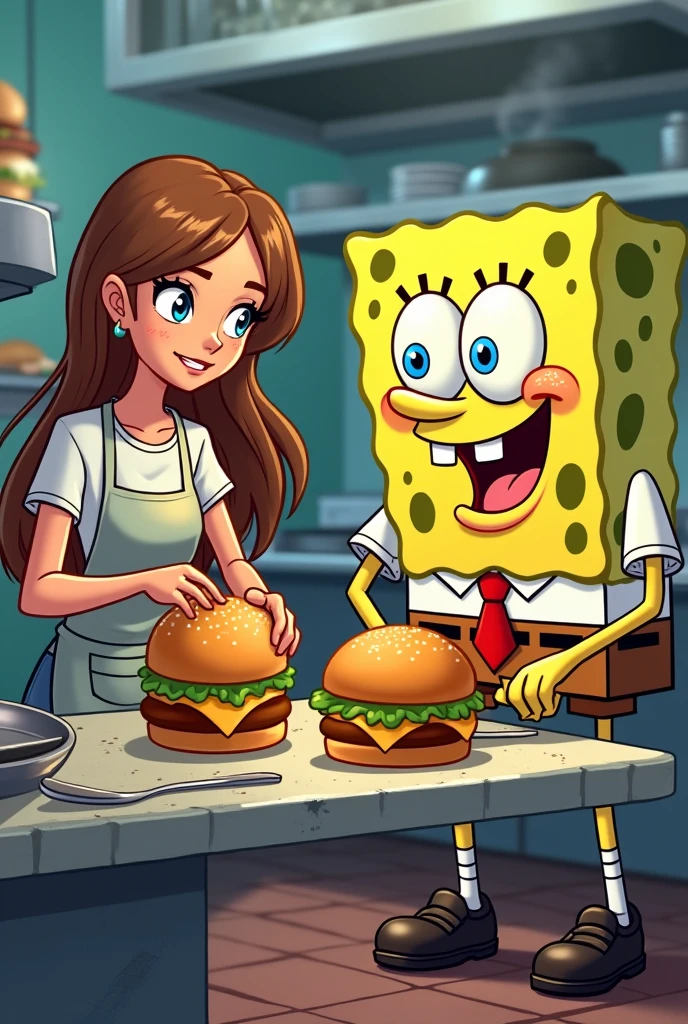 Teenage girl with brown hair helping Sponge Bob prepare the burger in the Krusty Krab kitchen