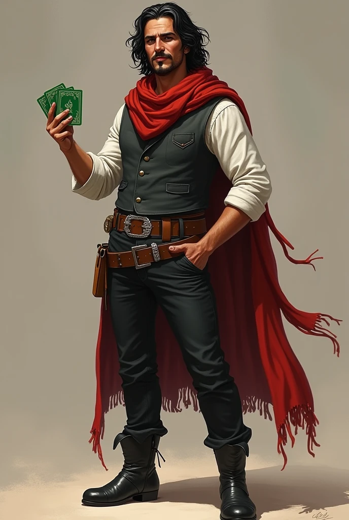 He is a well-groomed Mexican peddler with long, messy dark hair and a well-groomed mustache and goatee. He is 5'9" tall and wears a dark vest and a plain white shirt. He wears a black hat. He has black pants with a buckle and black boots. A red scarf is wrapped around his neck. He holds a green deck of cards in one hand, while the other hand is in his pocket. He is a cheerful individual who radiates power, but is very kind. The character is to be styled in a fantasy RPG art style, set in the Old West. He is mature.