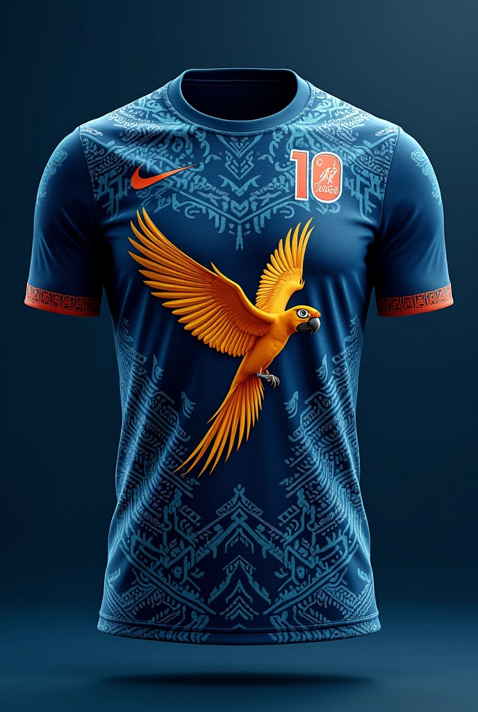 Dark blue football shirt Front part Indigenous details in white with geometric and traditional shapes taking up the entire shirt Golden Brazilian macaw in the center of the shirt Number 10 in white or gold in the upper right part Smaller macaw in green and red in the upper left part