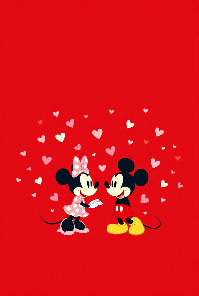 Red background with lots of hearts scattered all over the background (only the outline of the hearts) y minnie mouse con mickie mouse
