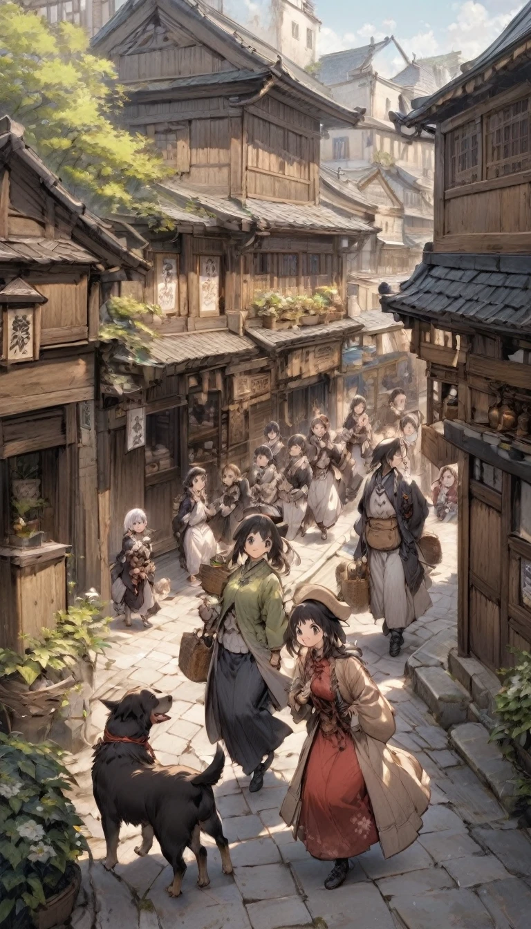 Edo period streetscape。A scene of dogs happily roaming around in the square。Old-fashioned streetscape and people dressed in Edo period clothing々In the background。The dogs are the townsfolk々Scenery of spending time together