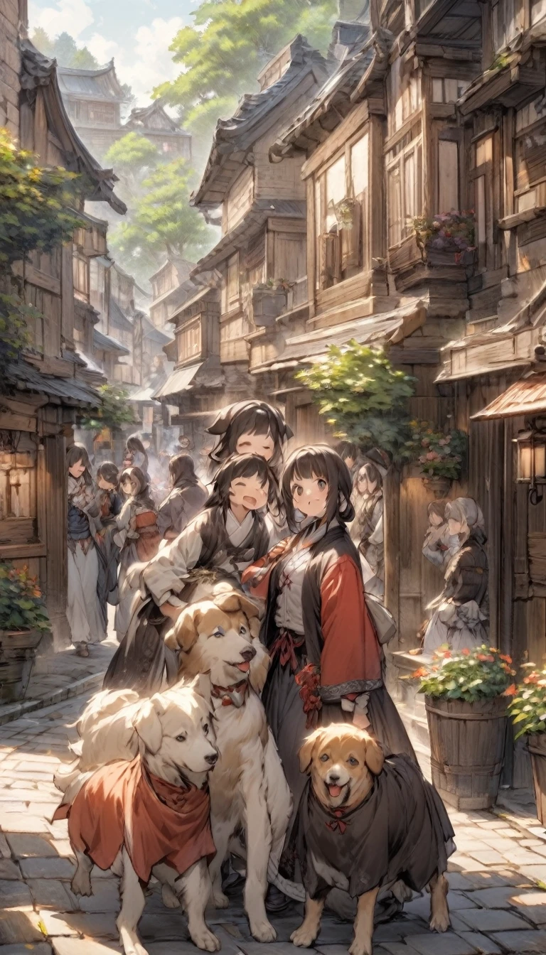 Edo period streetscape。A scene of dogs happily roaming around in the square。Old-fashioned streetscape and people dressed in Edo period clothing々In the background。The dogs are the townsfolk々Scenery of spending time together