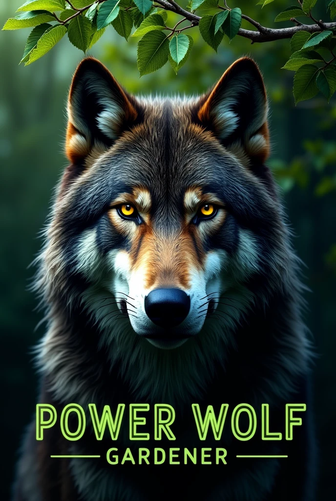 (photorealism:1.2), This image features a powerful and majestic wolf head, front and center, with intense yellow eyes and thick, dark fur. Above the wolf's head, there is a tree with lush, green leaves, giving the impression that the wolf is connected to nature. Below the image, the text reads 'POWER WOLF GARDENER' in bold, uppercase letters. The word 'POWER WOLF' is in black, and 'GARDENER' is in green."