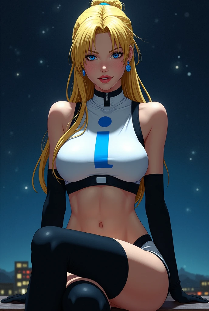 samus aran, ponytail, hair tie, glossy lips, earrings ,team rocket, team rocket uniform, blue letter I, white skirt, white crop top, black thigh-highs, black elbow gloves, evil smile, looking down on viewer, sitting down ,legs crossed, night sky background 