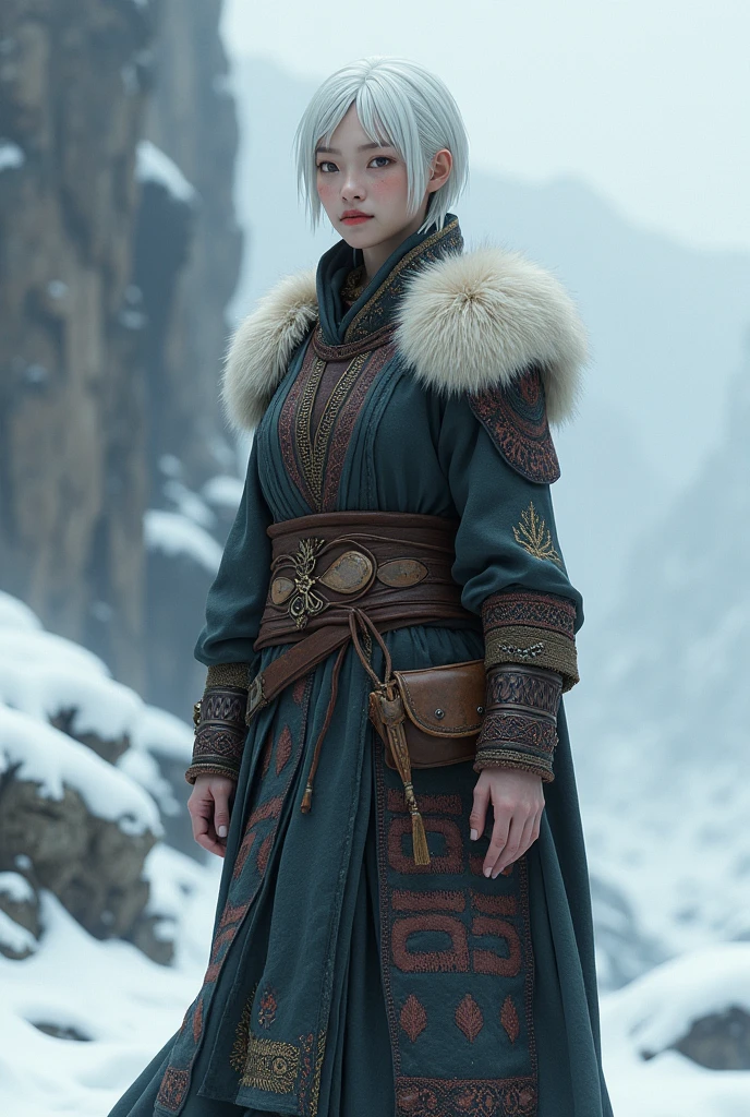 Genderfluid, more feminine, less masculine, indigenous norse clothes with fur, tall, short white hair, female asian face, in cold climate, wide hips, narrow shoulders