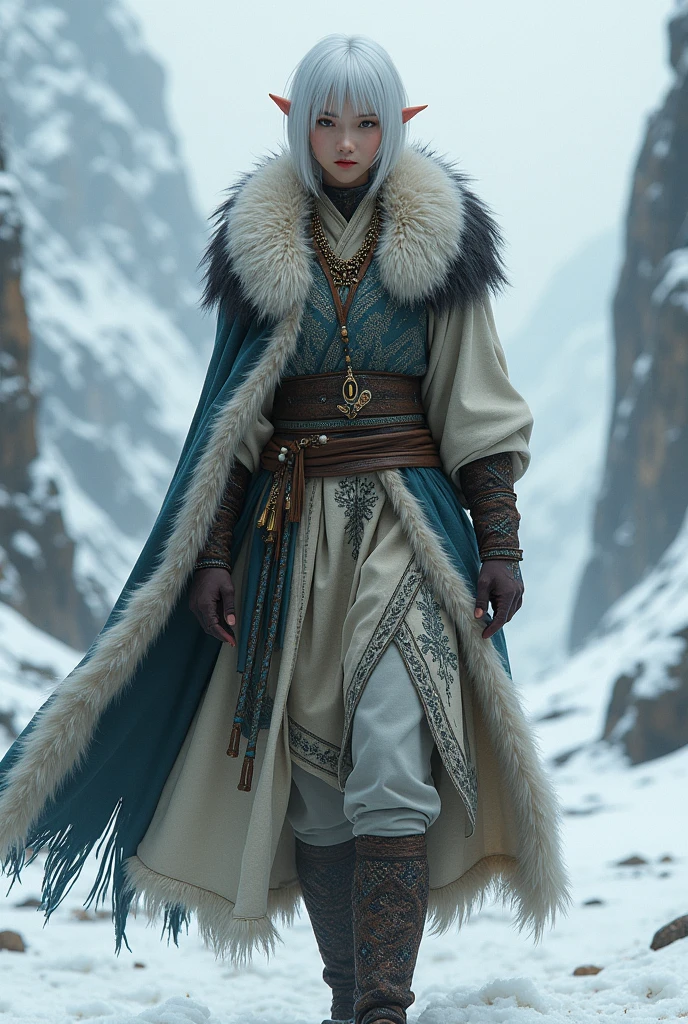Genderfluid, more feminine, less masculine, indigenous norse clothes with fur, tall, short white hair, female asian face, in cold climate, wide hips, narrow shoulders