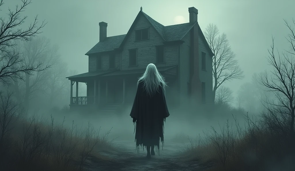 A dark and mysterious doctor illustration of a ghost in front of a foggy abandoned house. The ghost has long white hair and is wearing a tatteredrobe. The ghost is floating above the ground. The house has broken windows and the doors are open. The background is filled with fog, realist