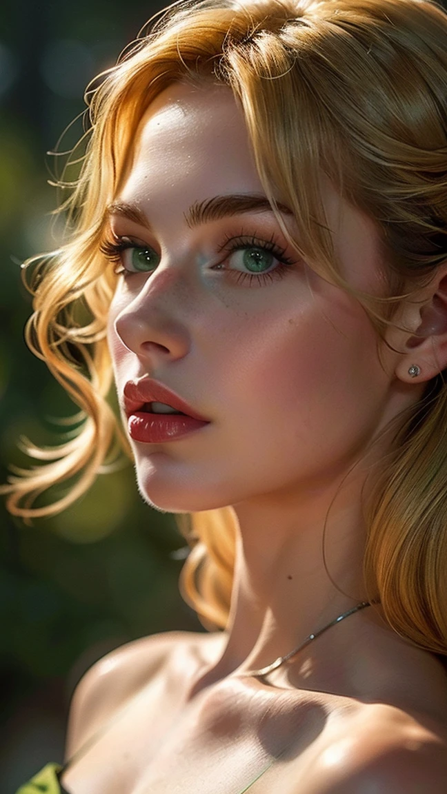 of the highest quality, masterpiece, ultra high resolution, (realist:1.4), (Close-up portrait) RAW Photos, 1 girl, 2,((nose piercing)),,((Passionate honey blonde hair)), realist,Image Media Chest)) (masterpiece, Best Quality:1.2), Alone, Exceptional profile photo, masterpiece, drawn with great precision Symmetrical with balanced features. defined cheekbones, proportionate nose and full lips. Expressive eyes or framed by long eyelashes. clear skin, Suave, uniform and radiant A slender but curvy figure. well defined waist, Proportionate hips, Subtle muscle toning. ((Light green eyes))