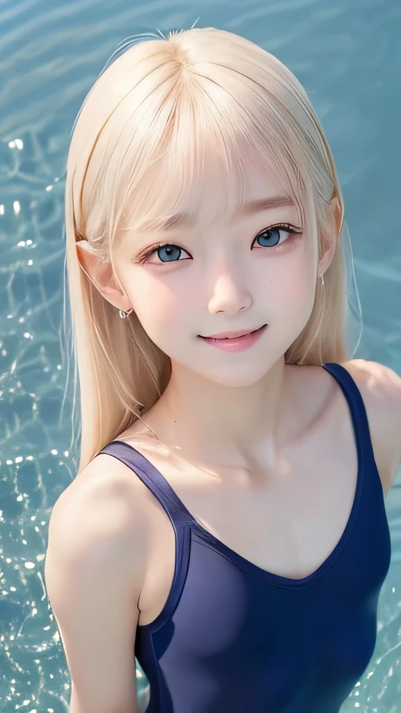 ((sfw:1.5)),((sfw:1.5)),((sfw:1.5)),((sfw:1.5)),((from above:1.5)),((Upper Body:1.5)) Korean Asian r Photos、((Beautiful and cute idol girl:1.5))、Platinum Blonde Hair、11yo,Naow small eyes:1.5、Thin face、Thin neck、((Slim body)),((skinny):1.5),((Flat chest:1.5)),((clavicle)),((Narrow eyes：1.5))、(Thin arms)、(Thin neck)、（Thin lips）、A small smile、Thin arms、(Dark blue school swimsuit:1.5）,((beautifulr detail eye:1.5)),((littlesmile)),((Awaken to love：1.3))、nomake girl,(A little embarrassed but happy)、