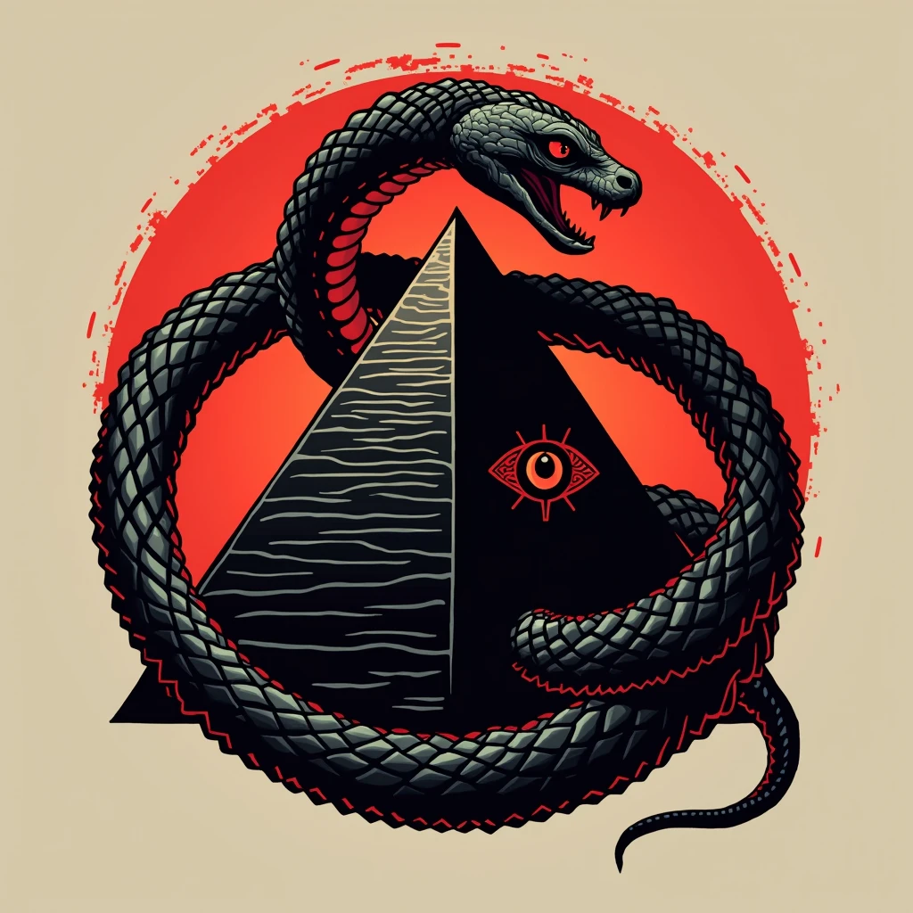 Create a logo, Pyramid with an eye in its center, snake coiled around the pyramid. Use colors are black and red. that&#39;s all, with nothing in the background. The snake has its head on top of the top of the pyramid. 