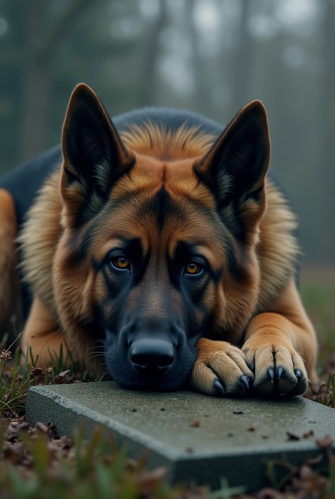 German Shepherd Dog,  thrown on top of grave, with a sad face 