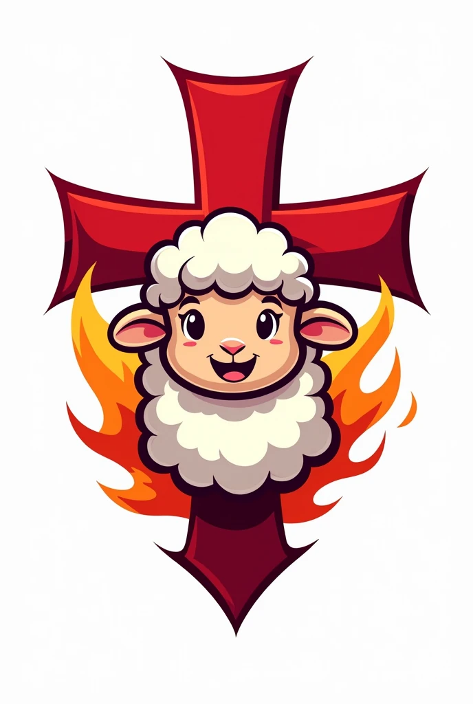 Make a team logo with red details, A cross, fire and a sheep mascot for children and agers on a white background.