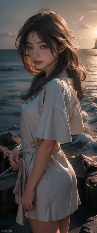 ((masterpiece, highest quality, Highest image quality, High resolution, photorealistic, Raw photo, 8K)), Looking out at the dark sea from the cape where the lighthouse stands, Sea of night,