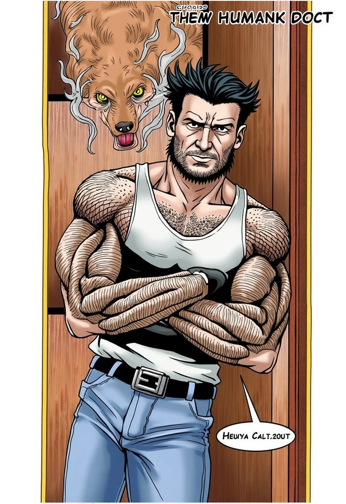 The image depicts hugh jackman with a cigarette in his mouth and his arms crossed.