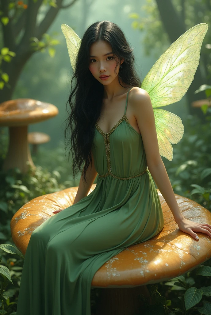 women, long wavy black hair,fairy type,fairy wings,green dress,sitting on a giant mushroom,looking to the camera, photorealist