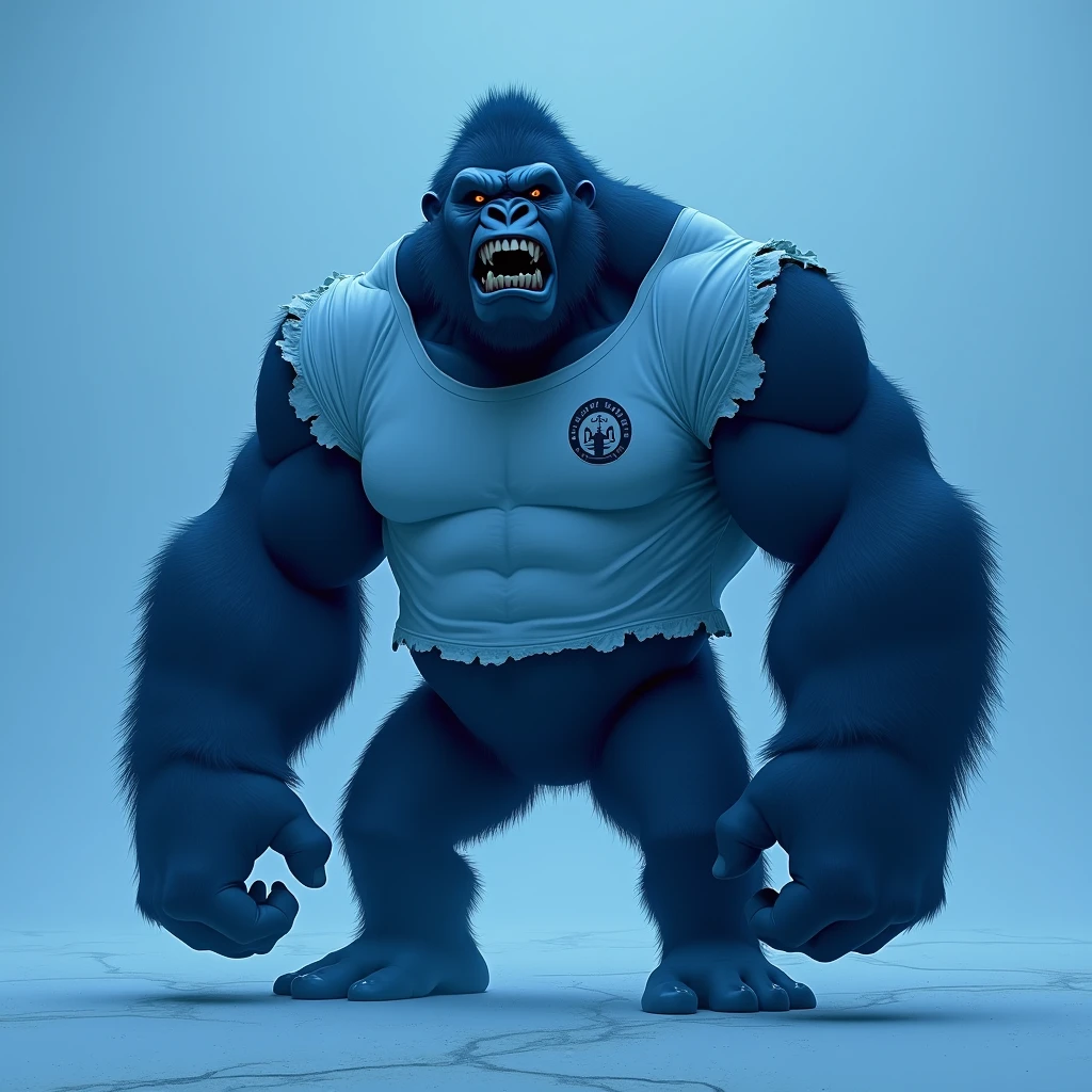 Blue gorilla, blue plain background, angry , logo , weak, noble, mysterious , torn white t-shirt