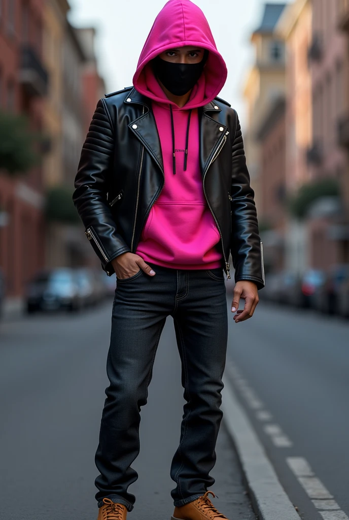 Man in short black leather jacket, under hooded sweatshirt in bubblegum pink, black jeans and camel-colored shoes 