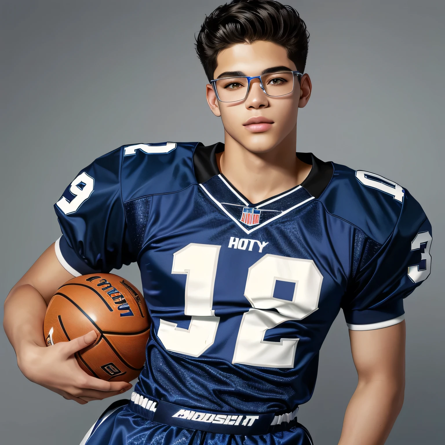 arafed male in a futebol uniform holding a ball and a basketball, futebol player, holding a futebol, fotografia de moda atlética, foto realista style, futebol, feito com photoshop, marca ariana, Foto fotorrealista, Estilo esportivo profissional, fotografia de modelagem, foto detalhada fosca, arte digital. foto realista, retrato de alta qualidade, foto de retrato com alto detalhe, pintado digitalmente "A close-up of a 25-year-old man with light tropical Latin skin tone. He has a high-fade haircut and black hair, and his looks are that of a teen movie star. He is wearing an American football jersey in different shades of blue, and he also wears blue gradient glasses from the 2000s. The image focuses on the boy's chest and face, highlighting his youthful and vibrant energy. The background is neutral and light, creating a subtle contrast with his skin tone. The aesthetic of the image is reminiscent of the 90s high school vibe, with soft lighting and a nostalgic retro touch. The composition evokes the laid-back and stylish essence of 90s high school culture."