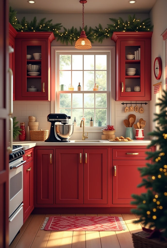Please create an image of a kitchen decorated for Christmas with white and red colors and some utensils in red or black., in the background there is a cupboard with three doors, a shelf and three more doors underneath, next to this cabinet there is a bench, on the other side there is another vertical cabinet with three shelves, in the middle of the kitchen there is an island where gingerbread cookies are prepared and on top of this island there is a black Kitchen Aid mixer. The kitchen only has a view from the front, has no side part.