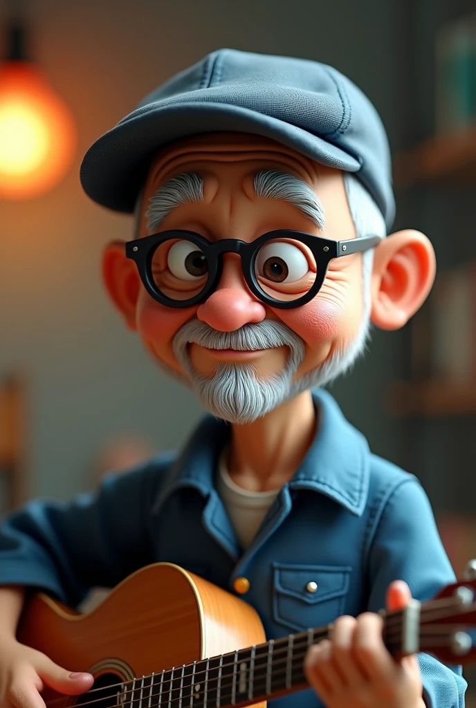 He had a shaved head, a bass cap, black glasses, a blue shirt and a guitar50Old Japanese male cartoon character, Anime characters, Stylized characters, Animation-style rendering, 3D stylized, Arnold Maya Rendering, 3D rendering style, toon render keyshot, 3D Characters, 3D Characters, 3D rendering style, 3D Charactersレンダリング, Cartoon characters, Close-up Character, Character pose, (Pixar Style) (Master Parts:1.2) (Bokeh) (Highest quality) (Fine skin) (Fine texture) (8k) (clay) (Cinema Lighting) (Sharp focus)