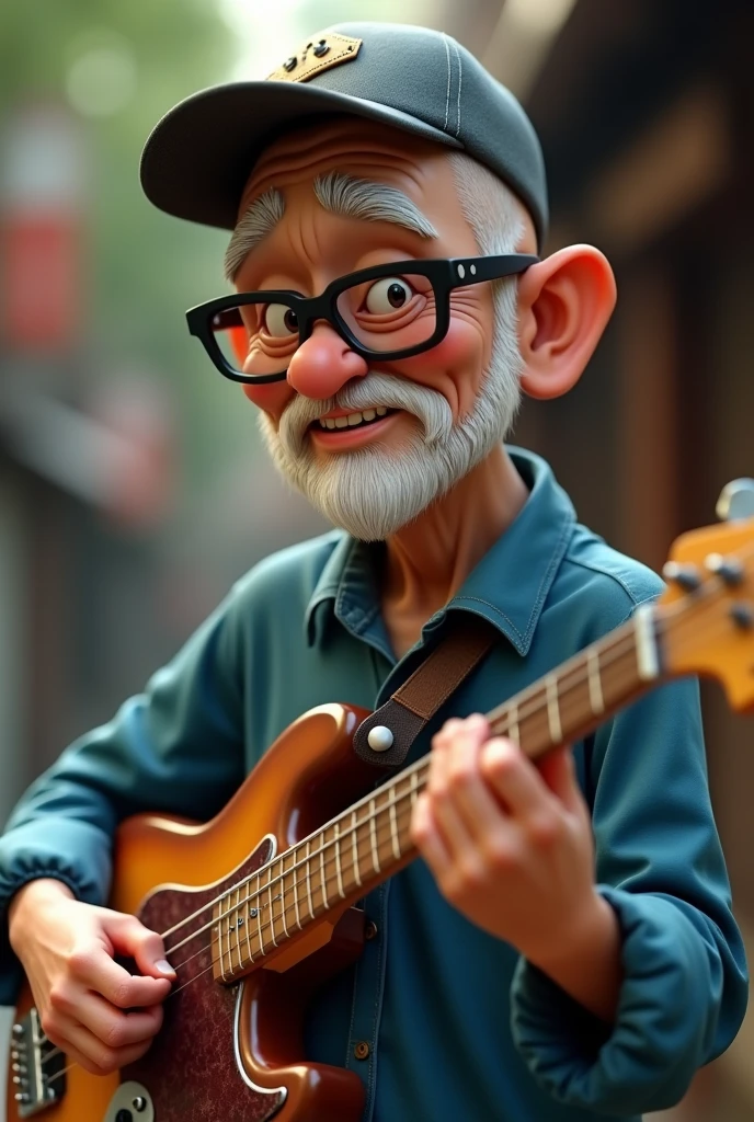 He had a shaved head, a bass cap, black glasses, a blue shirt and a guitar５０Old Japanese male cartoon character, Anime characters, Stylized characters, Animation-style rendering, 3D stylized, Arnold Maya Rendering, 3D rendering style, toon render keyshot, 3D Characters, 3D Characters, 3D rendering style, 3D Charactersレンダリング, Cartoon characters, Close-up Character, Character pose, (Pixar Style) (Master Parts:1.2) (Bokeh) (Highest quality) (Fine skin) (Fine texture) (8k) (clay) (Cinema Lighting) (Sharp focus）