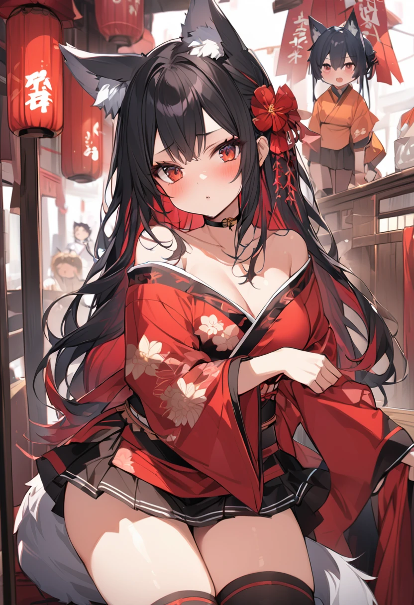 Wolf Ears、、long hair、Black Hair、Red hair、Red eyes、kimono、mini skirt、Knee-high socks、Socks above the knee、Off the shoulder、Bushy Tail、