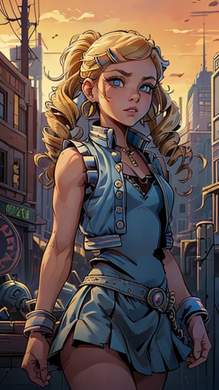 (1girl, ppgzbb), (extremely detailed CG unit 8k wallpaper),(master part), (best quality), (ultra detail), (best illustration),(art adams style), cowboy shot, (Sharp eyeliner, ombre, detailed eyes:1), city, outdoors background, ,break , (Dan Mumford Background), upper body, (blue eyes, blonde hair, twin drills, hairclip, earrings, vest, blue skirt, short skirt)