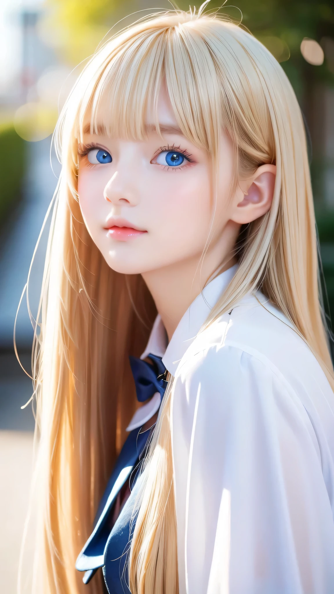 A beautiful girl、Super long silky shiny metallic butter blonde hair、Cute beautiful girl with sexy messy bangs、Hair above the eyes、片Hair above the eyes、Hair between the eyes、uniform、Super long beautiful blonde hair、Beautiful bangs between the eyes、Very beautiful cute face、Cute beautiful gentle expression、high school girl、Big, pale, very bright sky blue eyes that shine beautifully、Small Face Beauty、Round face、Snow-white glossy skin、