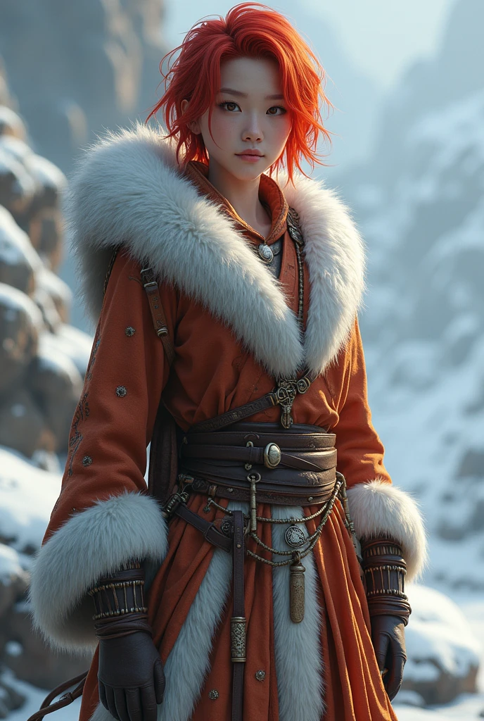 Genderfluid, more feminine, less masculine, indigenous norse clothes with fur, tall, short red hair, female asian face, in cold climate, wide hips, narrow shoulders