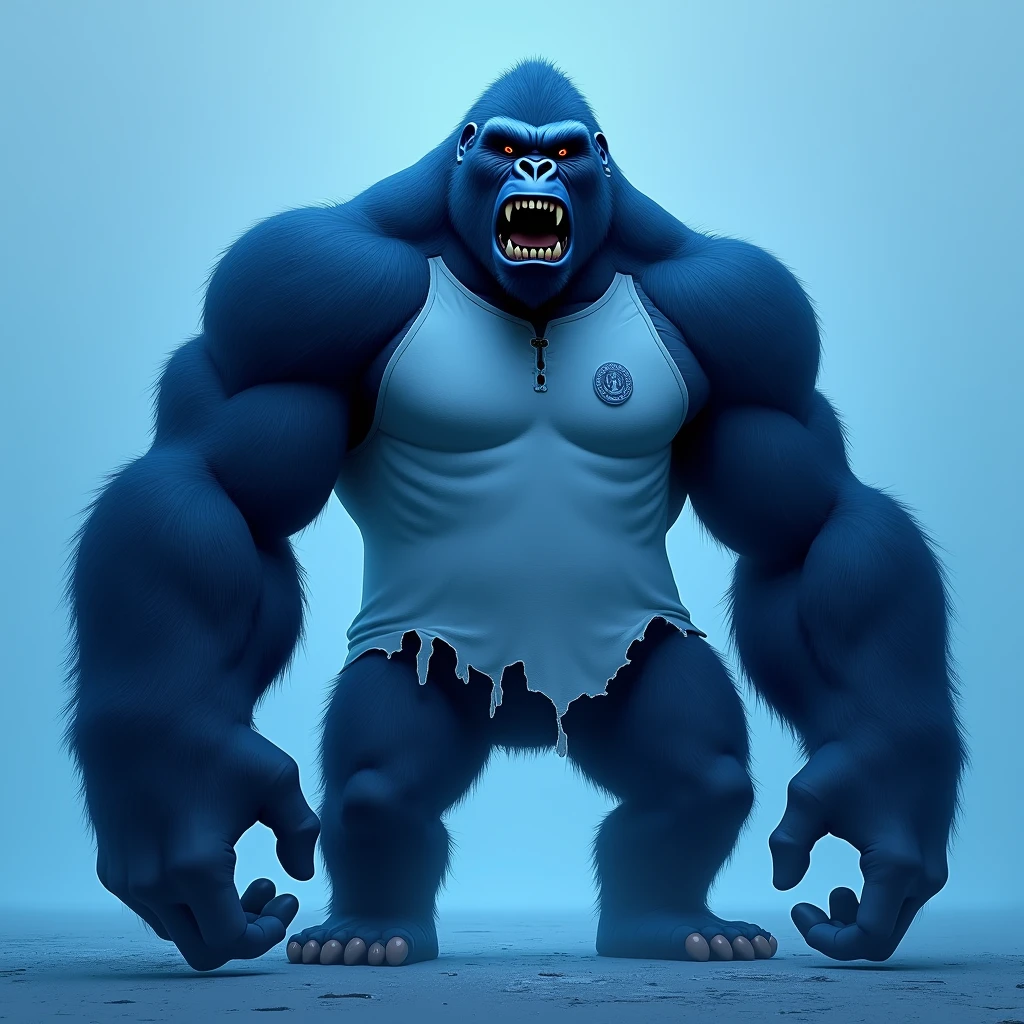 Blue gorilla, blue plain background, angry , logo , weak, noble, mysterious , torn white t-shirt