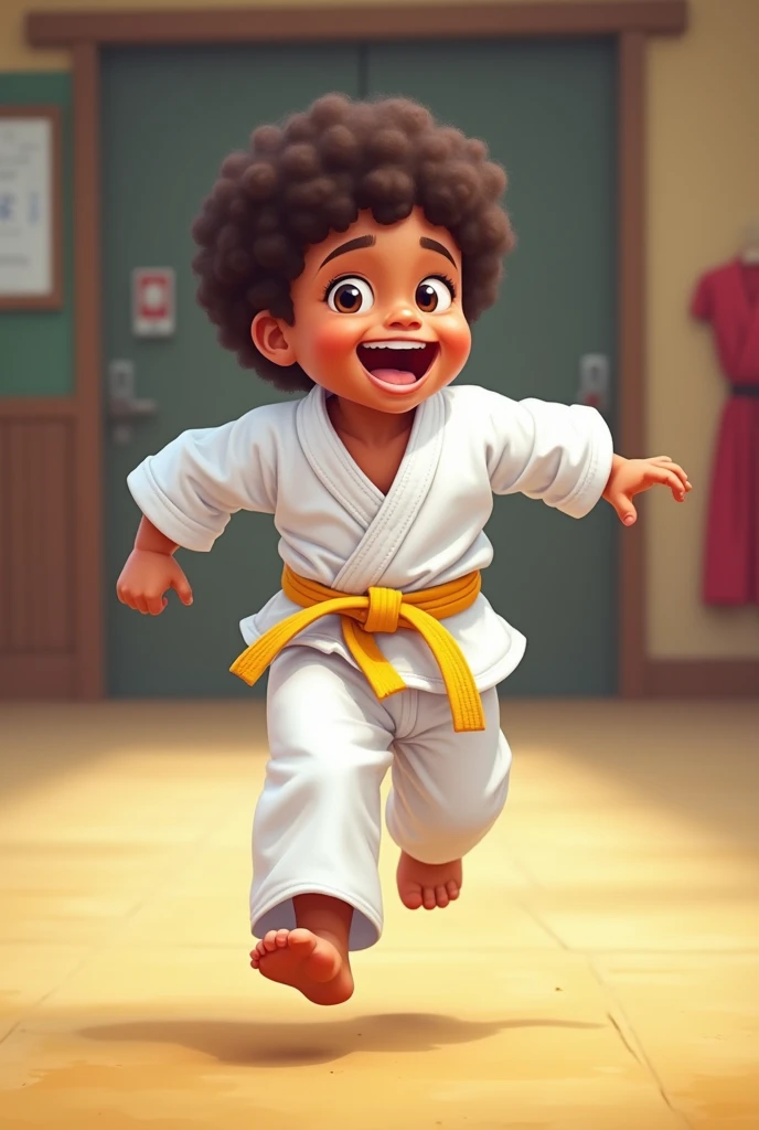 karate 4 year old brown children yellow belt running happy