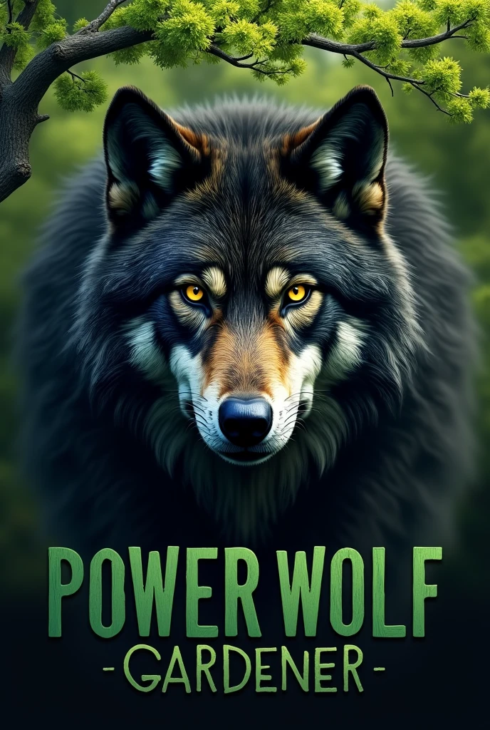 (photorealism:1.2), This image features a powerful and majestic wolf head, front and center, with intense yellow eyes and thick, dark fur. Above the wolf's head, there is a tree with lush, green leaves, giving the impression that the wolf is connected to nature. Below the image, the text reads 'POWER WOLF GARDENER' in bold, uppercase letters. The word 'POWER WOLF' is in black, and 'GARDENER' is in green."