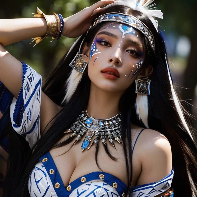 A close-up of a woman with white face paint, aztec princess portrait, bohemia chic | | very lively!!!, beautiful avatar photos, a young shaman, gothic maiden shaman, anime tribal boy with long hair, Beautiful lady, a beautiful sorceress, Beautiful necromancer girl, Aztec warrior goddess, beautiful comic art, : Native American Shamen Fantasy , big breasts. heavy breasts