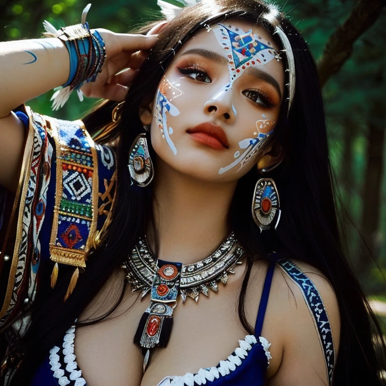 A close-up of a woman with white face paint, aztec princess portrait, bohemia chic | | very lively!!!, beautiful avatar photos, a young shaman, gothic maiden shaman, anime tribal boy with long hair, Beautiful lady, a beautiful sorceress, Beautiful necromancer girl, Aztec warrior goddess, beautiful comic art, : Native American Shamen Fantasy , big breasts. heavy breasts