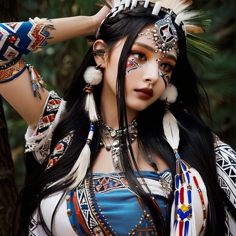 A close-up of a woman with white face paint, aztec princess portrait, bohemia chic | | very lively!!!, beautiful avatar photos, a young shaman, gothic maiden shaman, anime tribal boy with long hair, Beautiful lady, a beautiful sorceress, Beautiful necromancer girl, Aztec warrior goddess, beautiful comic art, : Native American Shamen Fantasy , big breasts. heavy breasts