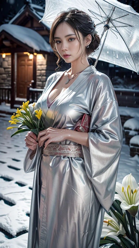 (RAW shooting, Photoreal:1.5, 8K, highest quality, masterpiece, ultra high resolution), (((heavy snow))), perfect dynamic composition:1.2, (In front of a shrine at night in a modern city, expression of sadness:1.1, Tears are flowing:1.1, cry with a broken heart:1.1), Highly detailed skin and facial textures:1.2, Slim office lady wet in the rain:1.3, cowboy shot, Fair skin:1.2, sexy beauty:1.1, perfect style:1.2, beautiful and aesthetic:1.1, very beautiful face:1.2, water droplets on the skin, (rain drips all over my body:1.2, wet body:1.2, wet hair:1.3), (Holding a wet bouquet:1.2, wet silver kimono:1.5), (Medium chest, bra is see-through, Chest gap), (Eyes that feel beautiful eros:0.8), (Too erotic:0.9, Bewitching:0.9), necklace, earrings, bracelet
