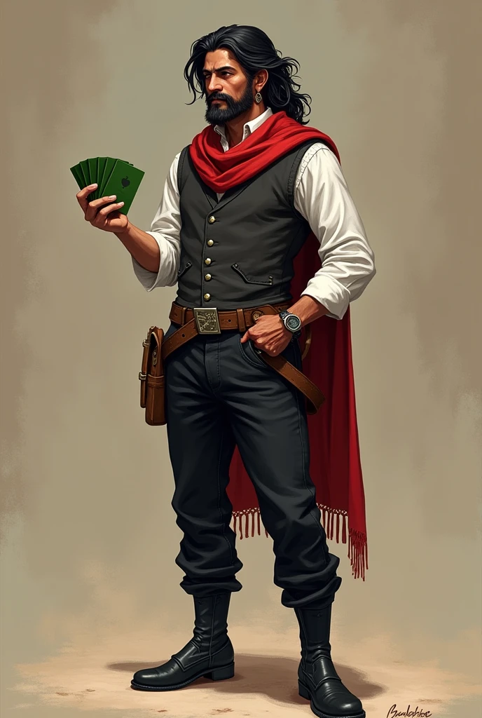 He is a well-groomed Mexican peddler with long, messy dark hair and a well-groomed mustache and goatee. He is 5'9" tall and wears a dark vest and a plain white shirt. He wears a black hat. He has black pants with a buckle and black boots. A red scarf is wrapped around his neck. He holds a green deck of cards in one hand, while the other hand is in his pocket. He is a cheerful individual who radiates power, but is very kind. The character is to be styled in a fantasy RPG art style, set in the Old West. He is mature.