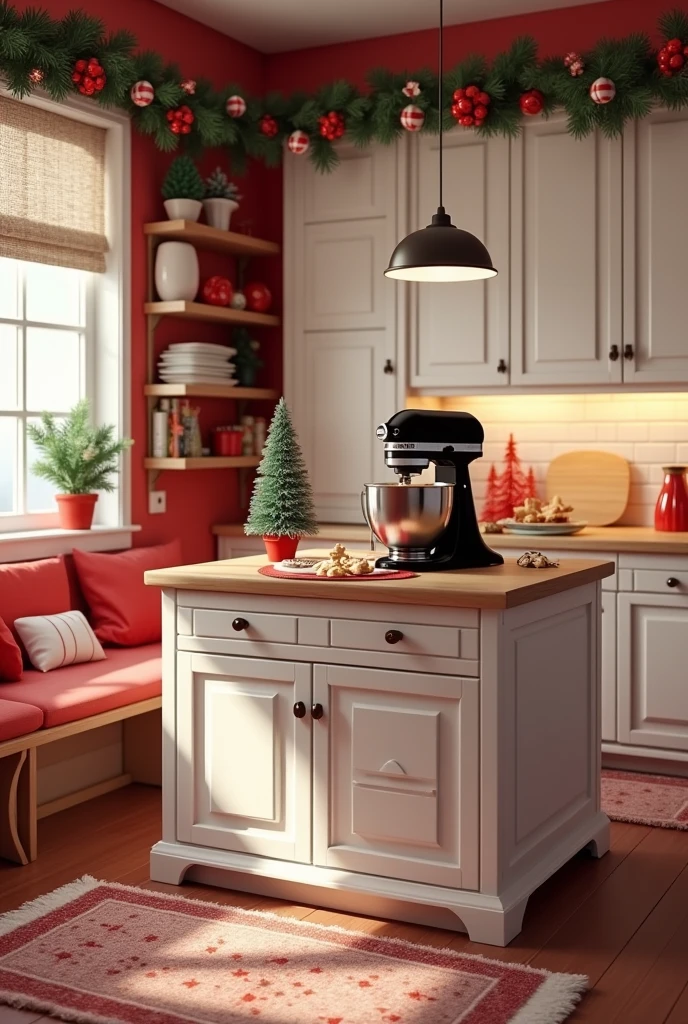 Please create an image of a kitchen decorated for Christmas with white and red colors and some utensils in red or black., in the background there is a cupboard with three doors, a shelf and three more doors underneath, next to this cabinet there is a bench, on the other side there is another vertical cabinet with three shelves, in the middle of the kitchen there is an island where gingerbread cookies are prepared and on top of this island there is a black Kitchen Aid mixer. The kitchen only has a view from the front, has no side part.