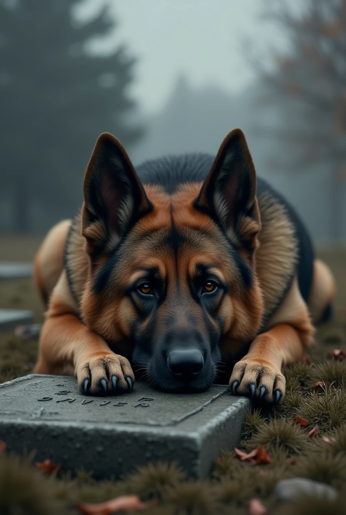 German Shepherd Dog,  thrown on top of grave, with a sad face 