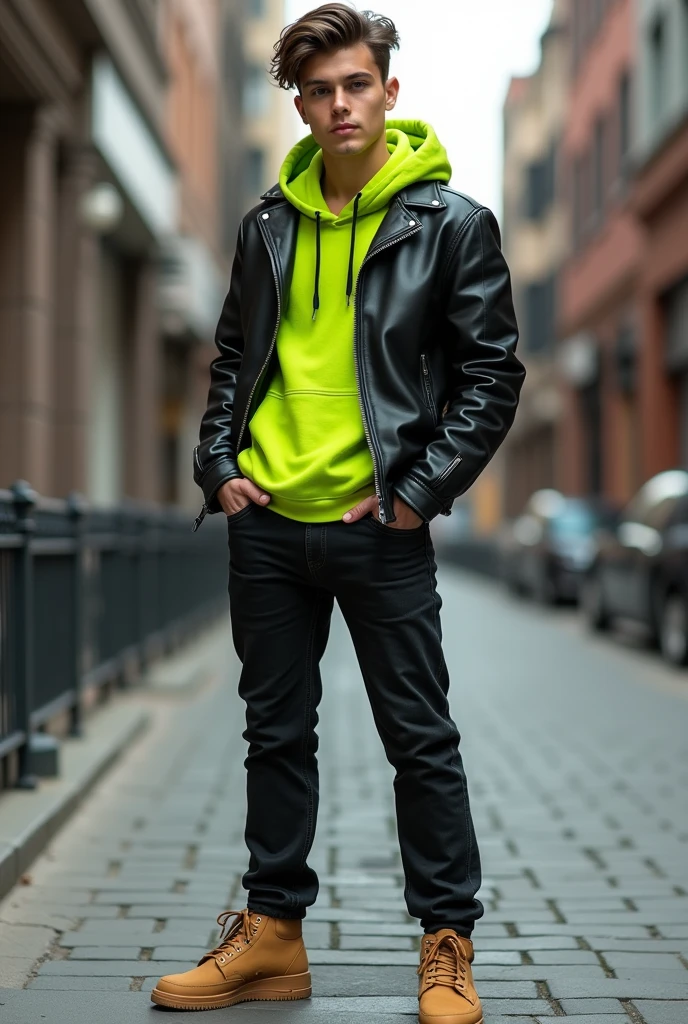 Man in short black leather jacket, under hooded sweatshirt in lime green, black jeans and camel-colored shoes 