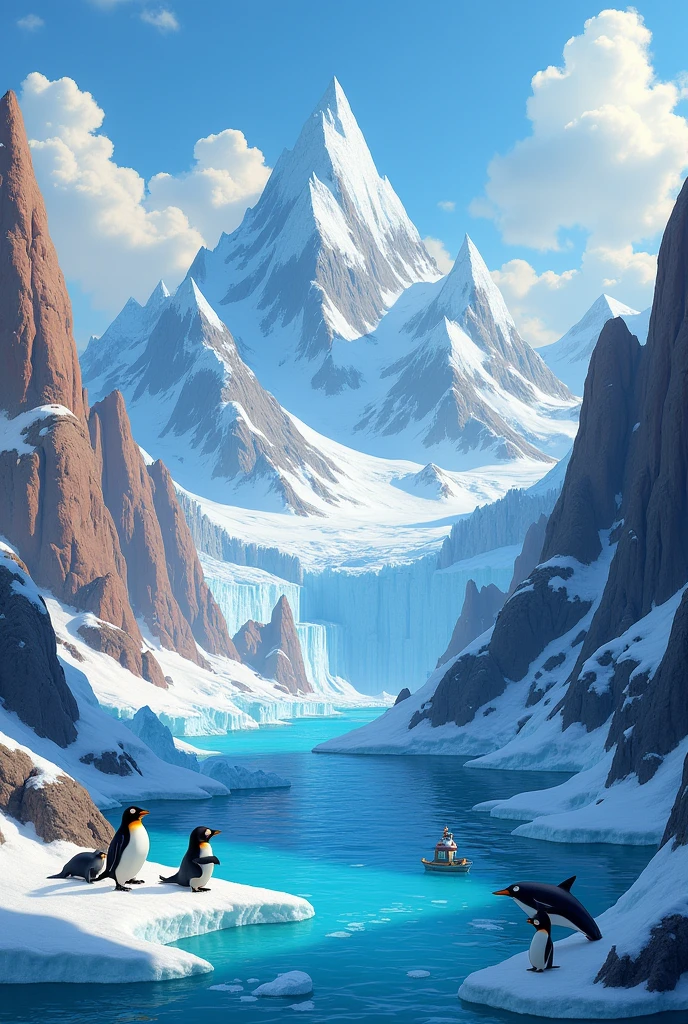 Pixar-like image of different Antarctic ecosystems such as glaciers ,mountains and coasts