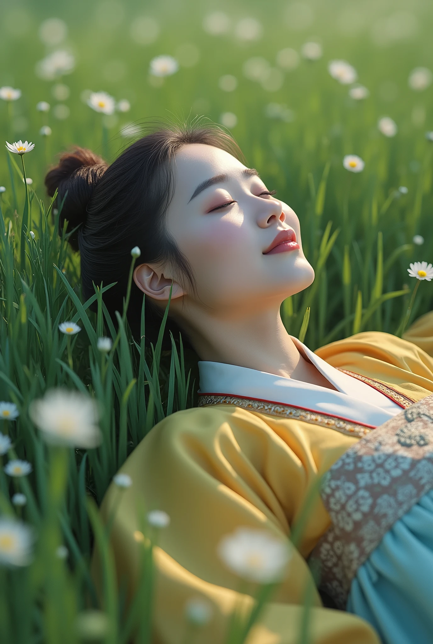 Close your eyes,Open your mouth slightly,enjoy,lying on the grass,20-year-old Korean girl,Hanbok