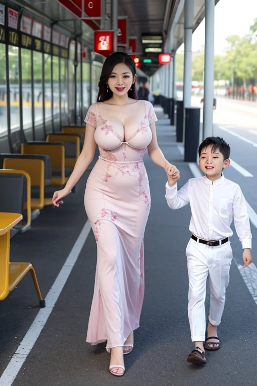 Happy family, women huge breasts, big booty, full body, sexy pose, kebaya  hot,  happy,perfect fice, medium kebaya, walk mall, erection nipple, huge nipple, standing in busway full human, nipple erection.