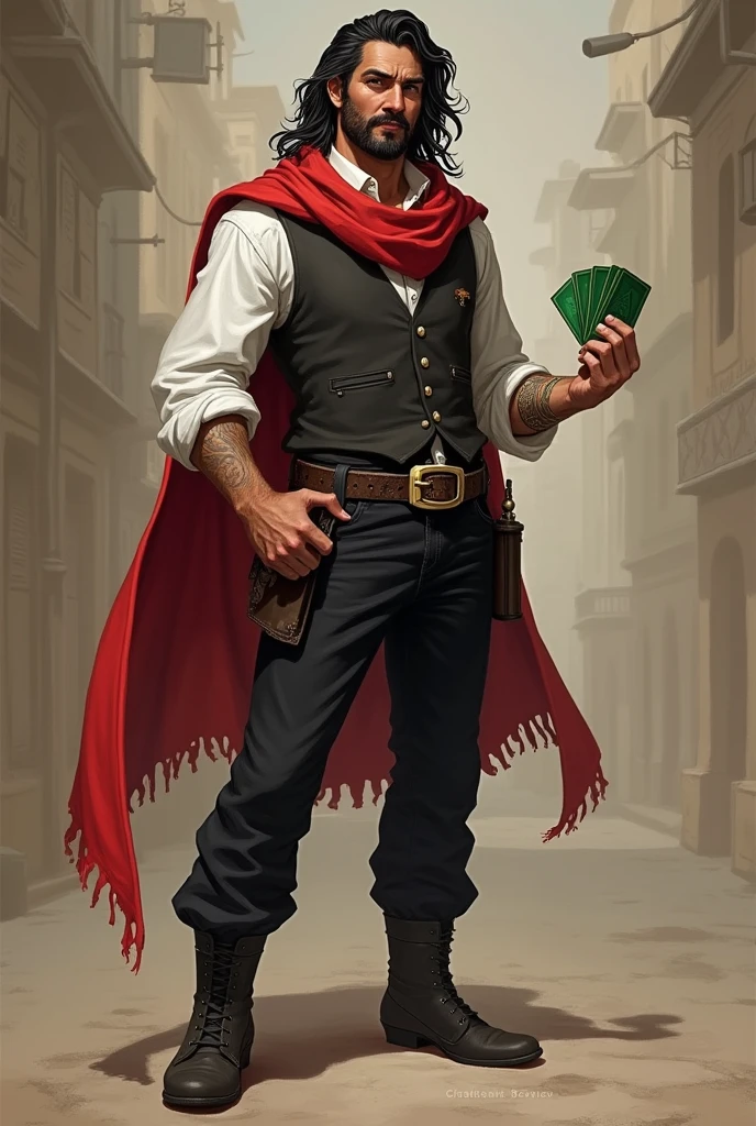 He is a well-groomed Mexican peddler with long, messy dark hair and a well-groomed mustache and goatee. He is 5'9" tall and wears a dark vest and a plain white shirt. He wears a black hat. He has black pants with a buckle and black boots. A red scarf is wrapped around his neck. He holds a green deck of cards in one hand, while the other hand is in his pocket. He is a cheerful individual who radiates power, but is very kind. The character is to be styled in a fantasy RPG art style, set in the Old West. He is mature.