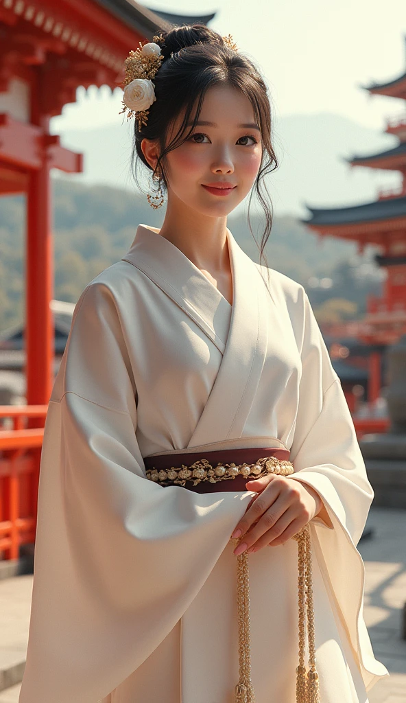 A beautiful young woman wearing brightly colored Japanese clothing、A charming expression、A peerless beauty created by CG、White Japanese clothing、Full Body Shot、background、Shrines and temples、Ukiyo-e style Japanese painting、