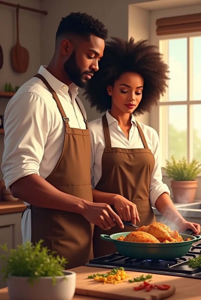 bblack man and a black woman wearing brown apron with white shirts COOKING CHICKEN IN THE afternoon