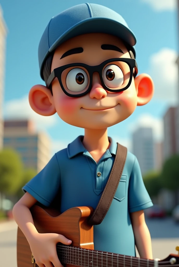 A shaved-headed man with black glasses, a bass cap and a blue shirt, carrying a guitar40Old Japanese male cartoon character, Anime characters, Stylized characters, Animation-style rendering, 3D stylized, Arnold Maya Rendering, 3D rendering style, toon render keyshot, 3D Characters, 3D Characters, 3D rendering style, 3D Charactersレンダリング, Cartoon characters, Close-up Character, Character pose, (Pixar Style) (Master Parts:1.2) (Bokeh) (Highest quality) (Fine skin) (Fine texture) (8k) (clay) (Cinema Lighting) (Sharp focus)