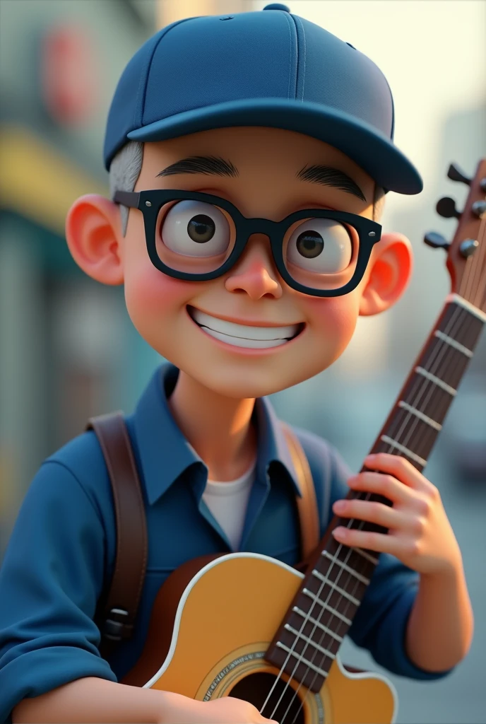 A shaved-headed man with black glasses, a bass cap and a blue shirt, carrying a guitar40Old Japanese male cartoon character, Anime characters, Stylized characters, Animation-style rendering, 3D stylized, Arnold Maya Rendering, 3D rendering style, toon render keyshot, 3D Characters, 3D Characters, 3D rendering style, 3D Charactersレンダリング, Cartoon characters, Close-up Character, Character pose, (Pixar Style) (Master Parts:1.2) (Bokeh) (Highest quality) (Fine skin) (Fine texture) (8k) (clay) (Cinema Lighting) (Sharp focus)